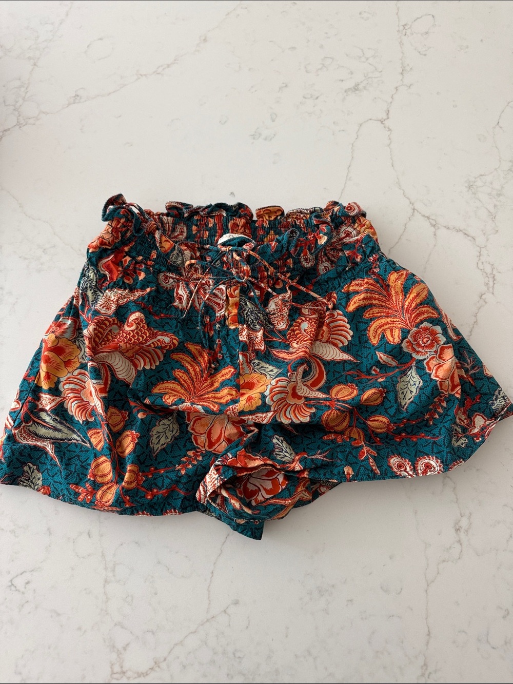 Ulla Johnson Teal Floral High-Waist Shorts with Orange and Cream Motif